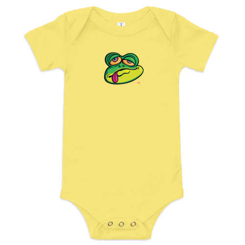 Original frog illustration on a yellow, short sleeve baby onesie