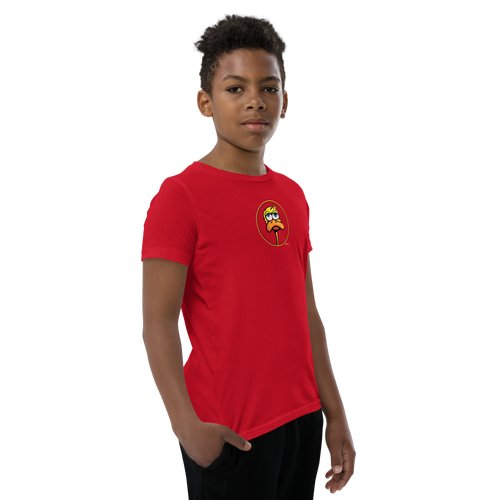 Kid wearing a red tee featuring an illustration of a duck