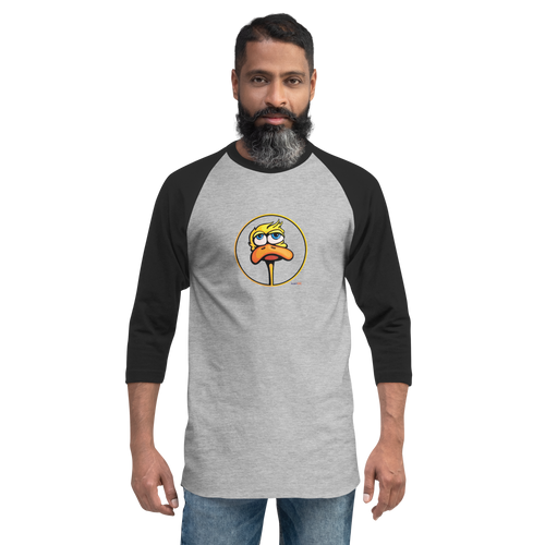 Bearded man wearing a gray and black, raglan sleeve baseball shirt featuring an original illustration of a duck