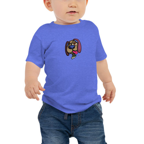 Baby in a blue, short sleeve tee featuring an original illustration of a dog