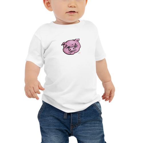 Baby in a white, short sleeve tee featuring an original illustration of a pig