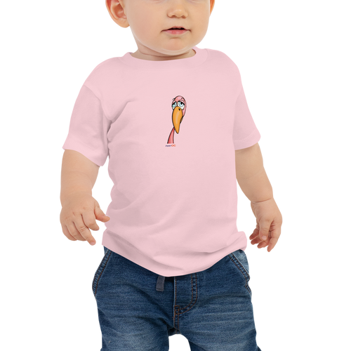 Baby in a pink, short sleeve tee featuring an original illustration of not quite a flamingo
