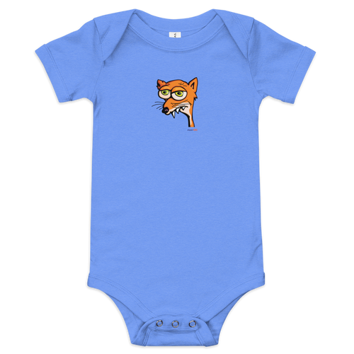 Original fox illustration on a blue, short sleeve baby onesie bodysuit
