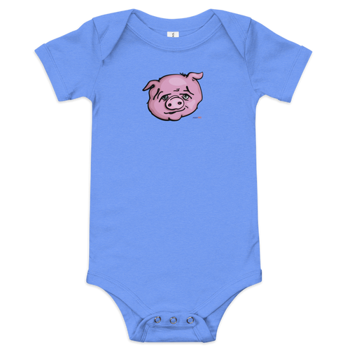 Original pig illustration on a blue, short sleeve baby onesie bodysuit