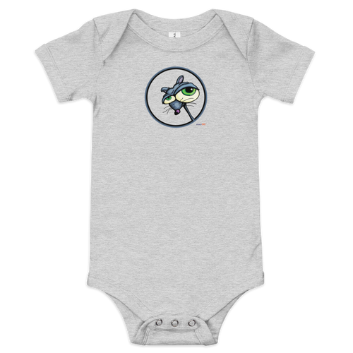 Original mouse illustration on a gray, short sleeve baby onesie bodysuit