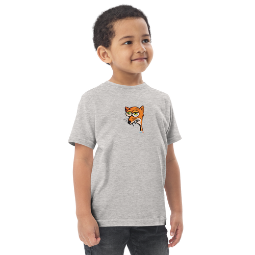 Toddler in gray t-shirt featuring an original illustration of a fox