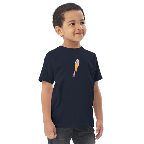 Toddler in a navy blue, short sleeve toddler tee featuring an original illustration of a flamingope