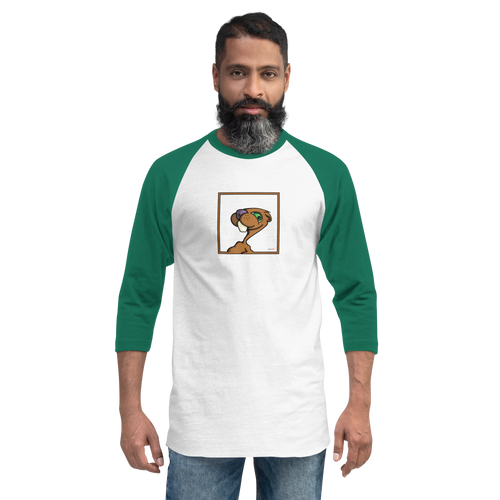 Bearded man wearing a white and green, raglan sleeve baseball shirt featuring an original illustration of a gopher