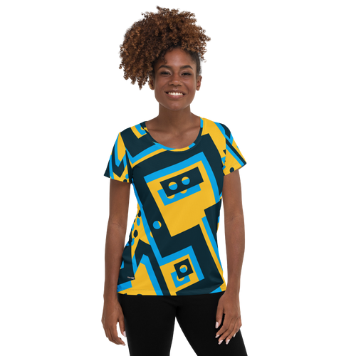 Woman in gold athletic t-shirt featuring navy & powder blue abstract print (front view)