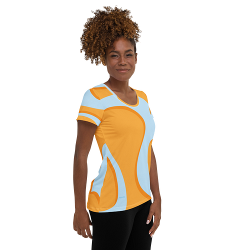 Woman in orange athletic t-shirt featuring light blue abstract print (side view)