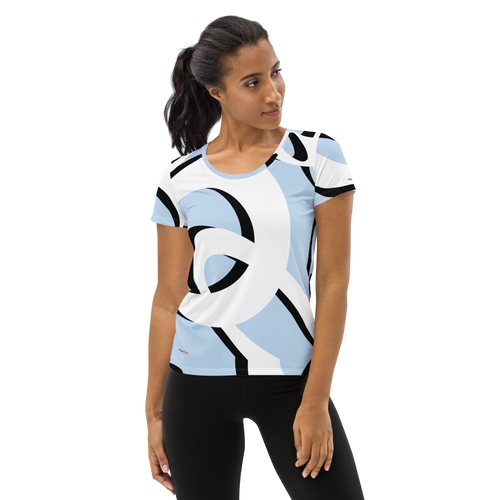 Woman in light blue athletic t-shirt featuring black & white abstract print (front view)