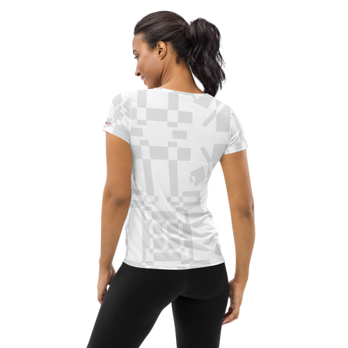 Woman in white athletic t-shirt featuring silver, grey abstract print (back view)