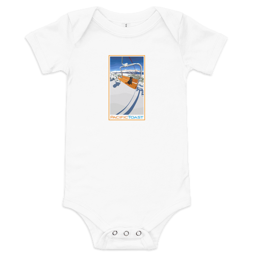 White short sleeve baby onesie featuring an illustration of a black lab puppy sitting in a ski chair lift