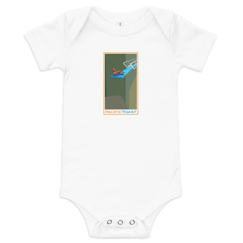 White, short sleeve baby onesie featuring an illustration of a dachshund perched on a diving board