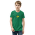 Kid wearing a green tee featuring an illustration of a frog