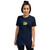 Woman dealing with a tricky hair day is wearing a navy blue tee that features an original illustration of a crazed frog