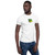 Dude who looks a bit cross is wearing jeans and a white t-shirt that features an original illustration of a crazed frog