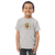 Toddler in gray t-shirt featuring an original illustration of a duck