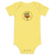 Original duck illustration on a yellow, short sleeve baby onesie