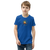 Kid wearing a blue tee featuring an illustration of a duck