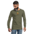 Beardy guy wearing a military green, long sleeve shirt featuring an original illustration of a rather stoic looking duck