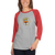 Woman missing half her head wears a grey and red, raglan sleeve baseball shirt featuring an original illustration of a duck