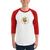 Man missing half his head wears a white and red, raglan sleeve baseball shirt featuring an original illustration of a duck