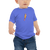 Baby in a blue, short sleeve tee featuring an original illustration of not quite a flamingo