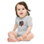 Baby in a gray, short sleeve onesie bodysuit featuring an original illustration of a dog