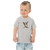 Toddler in a gray, short sleeve tee featuring an original illustration of a sheep / goat / kangaroo?