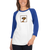 Woman missing half her head wears a white and blue, raglan sleeve baseball shirt featuring an original illustration of a gopher