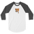 A white and dark grey, raglan sleeve baseball shirt featuring an original illustration of a fox