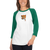 Woman missing half her head wears a white and green, raglan sleeve baseball shirt featuring an original illustration of a fox