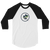 A white and black, raglan sleeve baseball shirt featuring an original illustration of a mouse