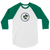 A white and green, raglan sleeve baseball shirt featuring an original illustration of a mouse