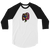 A white and black, raglan sleeve baseball shirt featuring an original illustration of a dog