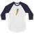 A white and navy blue, raglan sleeve baseball shirt featuring an original illustration of a flamingnope