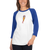 Woman missing half her head wears a white and blue, raglan sleeve baseball shirt featuring an original illustration of a flamingnope