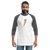 Bearded man wearing a white and charcoal, raglan sleeve baseball shirt featuring an original illustration of a flamingnope