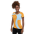 Woman in orange athletic t-shirt featuring light blue abstract print (front view)