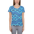 Woman in athletic t-shirt featuring powder blue abstract print (front view)