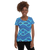 Woman in athletic t-shirt featuring light blue abstract print (front view)