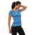 Woman in athletic t-shirt featuring powder blue abstract print (side view)