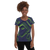 Woman in navy blue athletic t-shirt featuring bright green abstract print (front view)