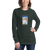 Girl who is missing half her head is wearing a forest green, long sleeve T-shirt featuring an illustration of a Labrador puppy riding a ski chair lift