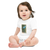 Baby in a white, short sleeve baby onesie featuring an illustration of a white lab puppy perched on a diving board