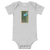 Athletic gray heather, short sleeve baby onesie featuring an illustration of a white lab puppy perched on a diving board