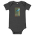 Dark gray heather, short sleeve baby onesie featuring an illustration of a black lab puppy perched on a diving springboard