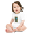 Baby in a white, short sleeve baby onesie featuring an illustration of a black lab puppy perched on a diving board