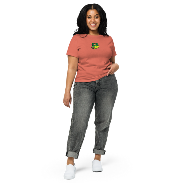 Woman wearing high-wasted pants and a red tee featuring an original illustration of a crazed frog